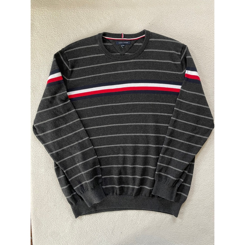 Tommy Hilfiger Mens 3XL Sweater Gray White Striped Crewneck Fine Knit 78J1065